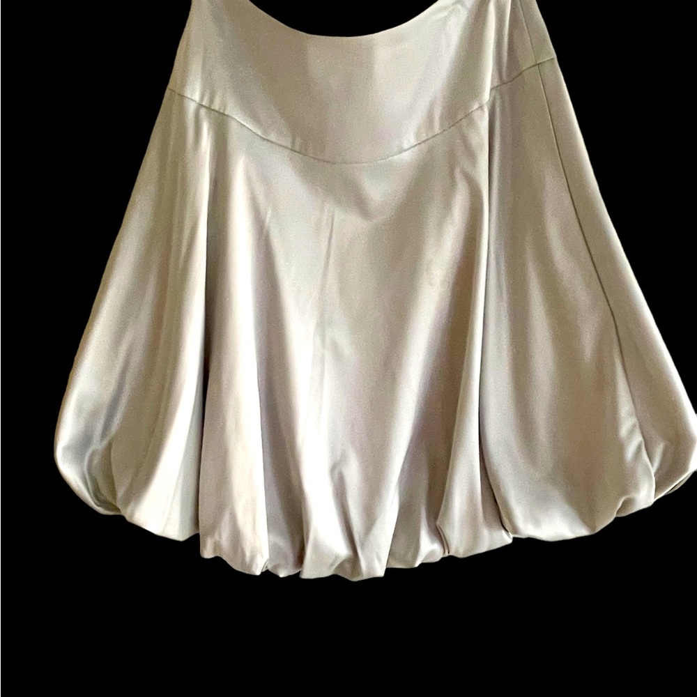 Silver, satin, holiday blouson skirt.